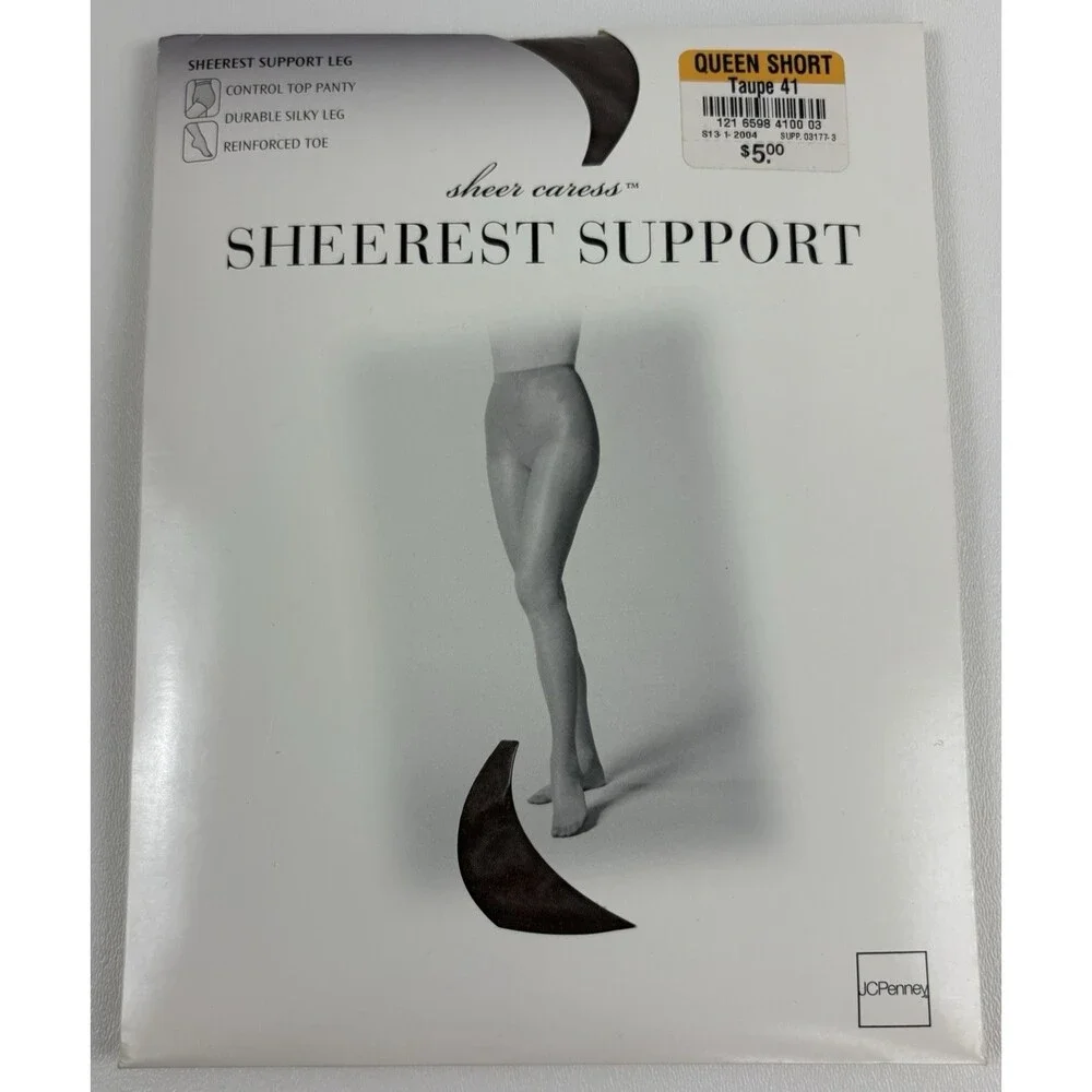 VTG JCPenney Sheer Caress Sheerest Support Pantyhose Queen Short Taupe NOS NIP
